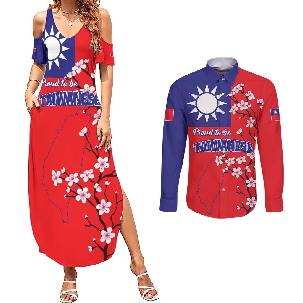 Personalized Proud To Be Taiwanese Couples Matching Summer Maxi Dress and Long Sleeve Button Shirt Flag Map Plum Blossom - Wonder Print Shop