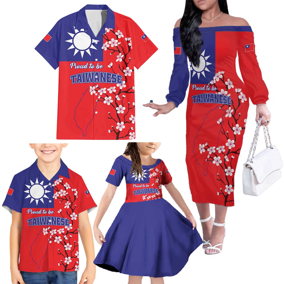 Personalized Proud To Be Taiwanese Family Matching Off The Shoulder Long Sleeve Dress and Hawaiian Shirt Flag Map Plum Blossom - Wonder Print Shop