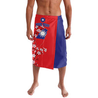 Red and blue flag-pattern sarong skirt with floral blossom, drawstring waistband