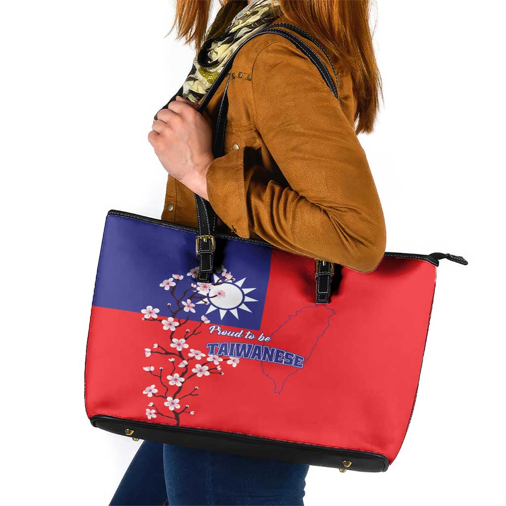 Personalized Proud To Be Taiwanese Leather Tote Bag Flag Map Plum Blossom