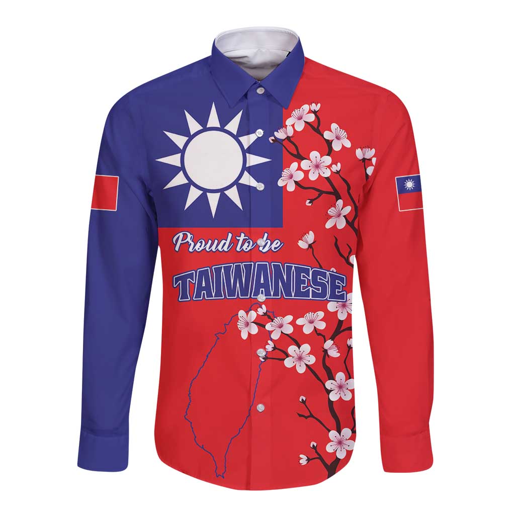 Unisex long-sleeve button shirt, blue and red with cherry blossoms and 'Proud to be TAIWANESE' text