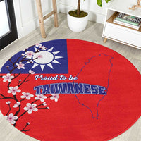 Red round rug with blue Taiwan map, floral branches, and 'Proud to be Taiwanese' text.