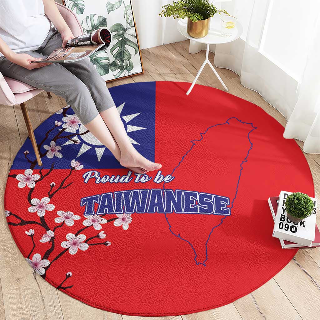 Red round rug with blue Taiwan map, floral blossoms, and 'Proud to be Taiwanese' lettering.