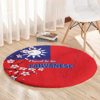Red round rug with blue Taiwan map, cherry blossom accents, and 'Proud to be Taiwanese' text.
