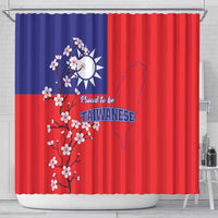 Taiwan-themed shower curtain on rod, red/blue panels with plum blossoms and Taiwan map