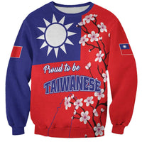 Unisex red/navy sweatshirt with Taiwan map, floral blossoms, and 'Proud to be TAIWANESE'.