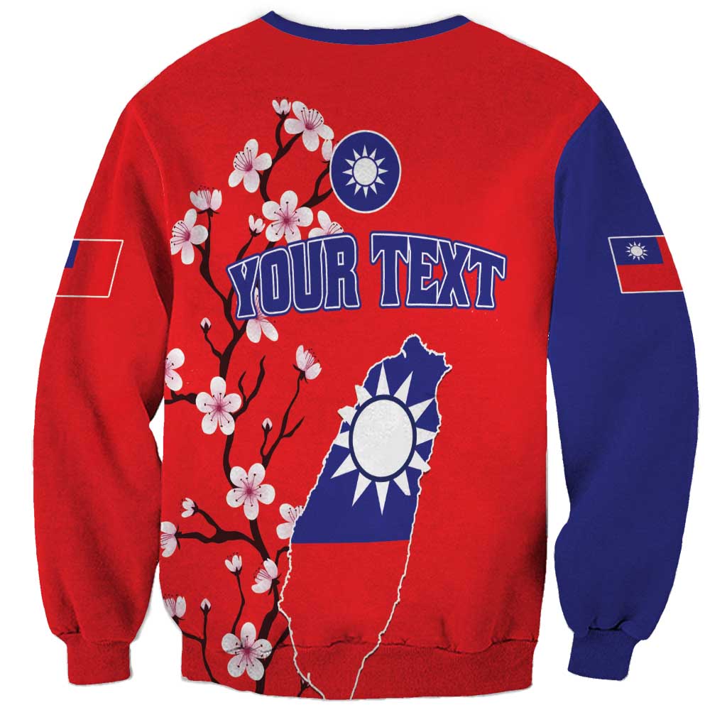 Unisex red/navy sweatshirt back with cherry blossoms, Taiwan map, and 'YOUR TEXT' design.