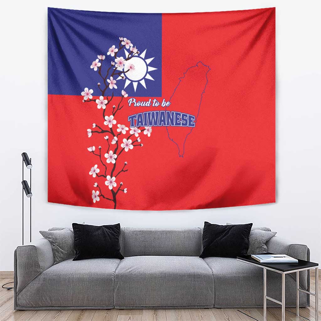 Taiwan tapestry flag with red/blue halves, plum blossoms, map outline, 'Proud to be TAIWANESE'