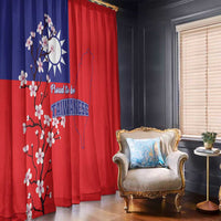 Window curtains in blue and red with plum blossoms, sun emblem, and Taiwan map