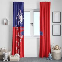 Blue and red window curtains with plum blossoms, sun emblem, and Taiwan map