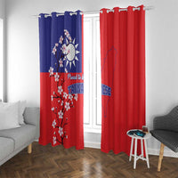Window curtains with top hooks, blue and red, featuring plum blossoms and Taiwan map