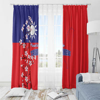 Window curtains with ring-topped header, blue and red, plum blossoms and Taiwan map