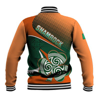 Back of green and orange varsity baseball jacket with Shamrock graphic, striped ribbed cuffs