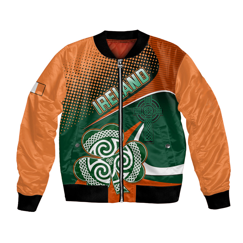 Unisex bomber jacket with green shamrock graphic and orange sleeves, black ribbed cuffs