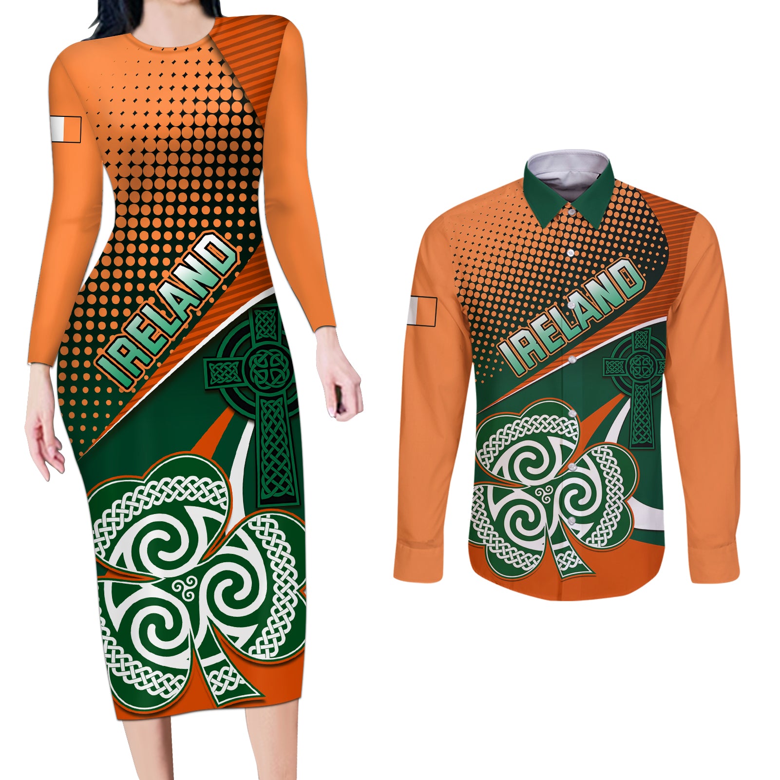 Ireland Rugby Couples Matching Long Sleeve Bodycon Dress and Long Sleeve Button Shirts Irish Shamrock Go 2023 World Cup - Wonder Print Shop