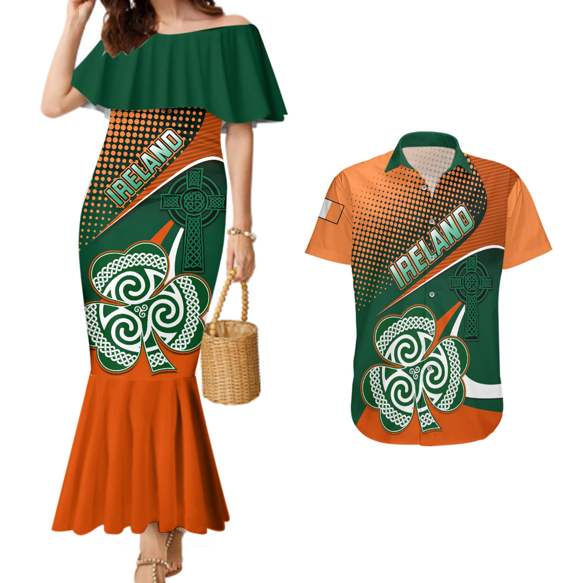 Ireland Rugby Couples Matching Mermaid Dress and Hawaiian Shirt Irish Shamrock Go 2023 World Cup - Wonder Print Shop