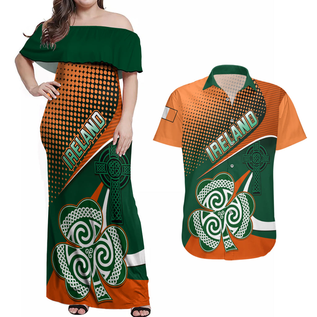 Ireland Rugby Couples Matching Off Shoulder Maxi Dress and Hawaiian Shirt Irish Shamrock Go 2023 World Cup - Wonder Print Shop