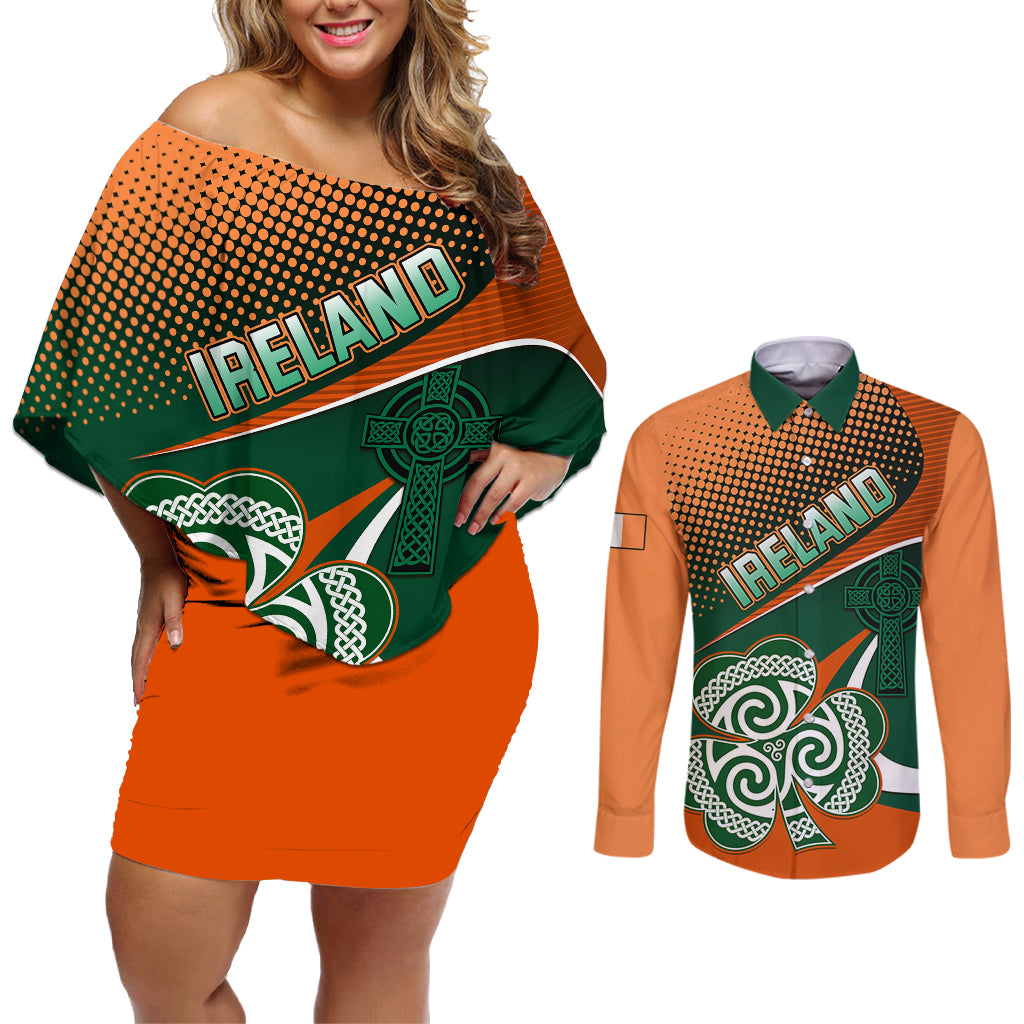 Ireland Rugby Couples Matching Off Shoulder Short Dress and Long Sleeve Button Shirts Irish Shamrock Go 2023 World Cup - Wonder Print Shop