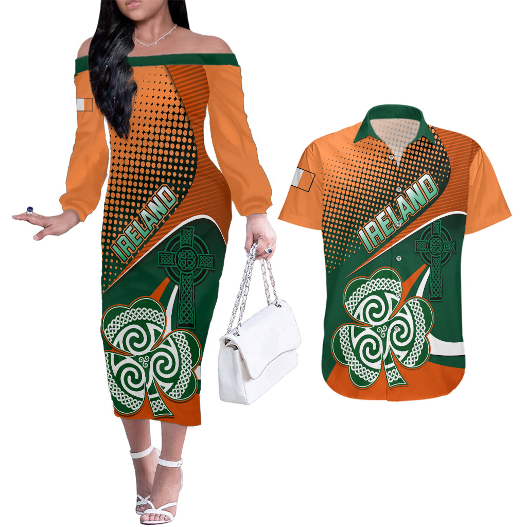 Ireland Rugby Couples Matching Off The Shoulder Long Sleeve Dress and Hawaiian Shirt Irish Shamrock Go 2023 World Cup - Wonder Print Shop