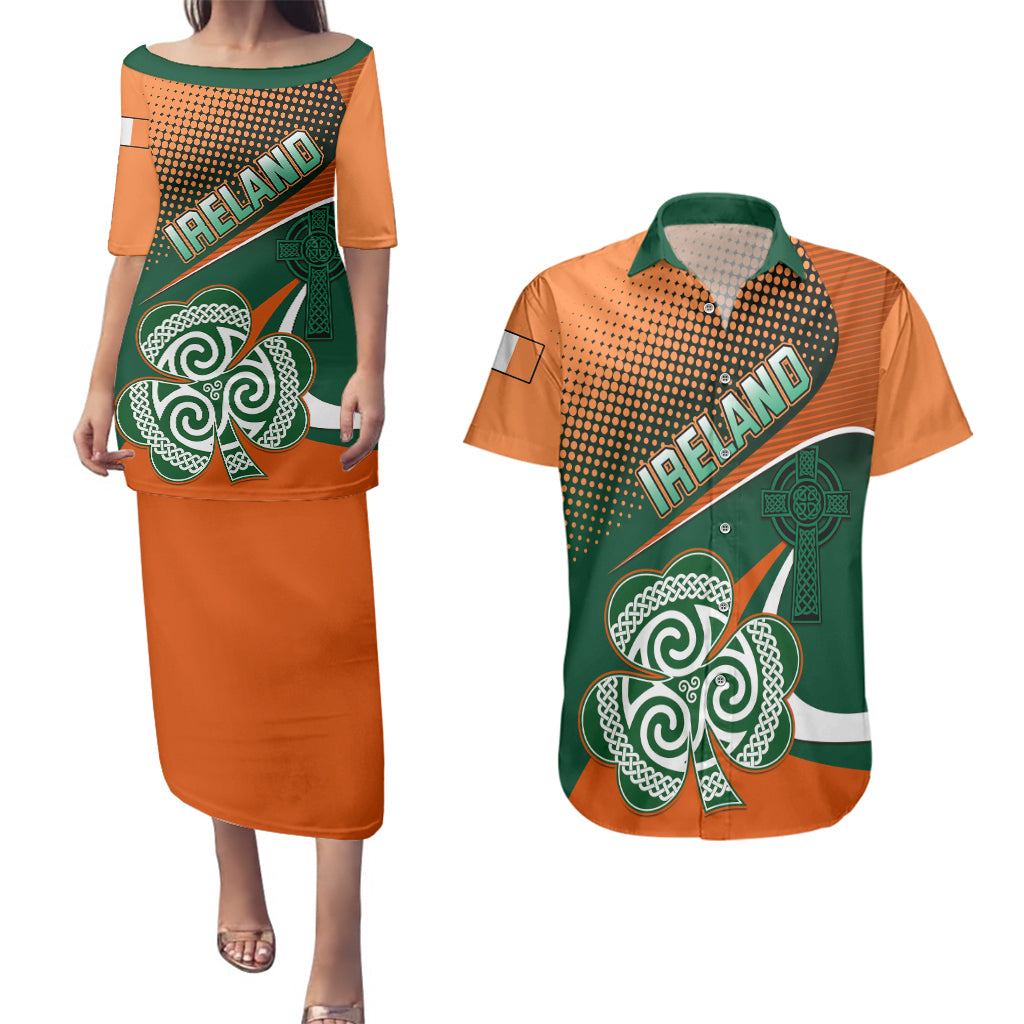 Ireland Rugby Couples Matching Puletasi Dress and Hawaiian Shirt Irish Shamrock Go 2023 World Cup - Wonder Print Shop