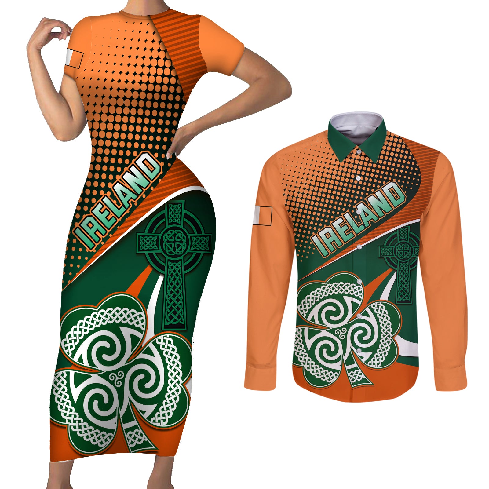 Ireland Rugby Couples Matching Short Sleeve Bodycon Dress and Long Sleeve Button Shirts Irish Shamrock Go 2023 World Cup - Wonder Print Shop