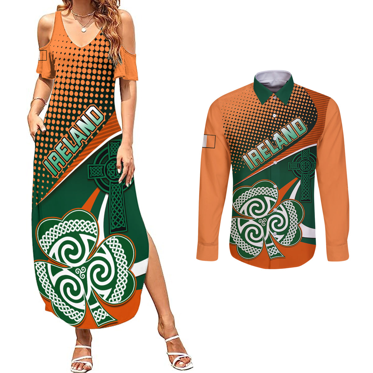 Ireland Rugby Couples Matching Summer Maxi Dress and Long Sleeve Button Shirts Irish Shamrock Go 2023 World Cup - Wonder Print Shop