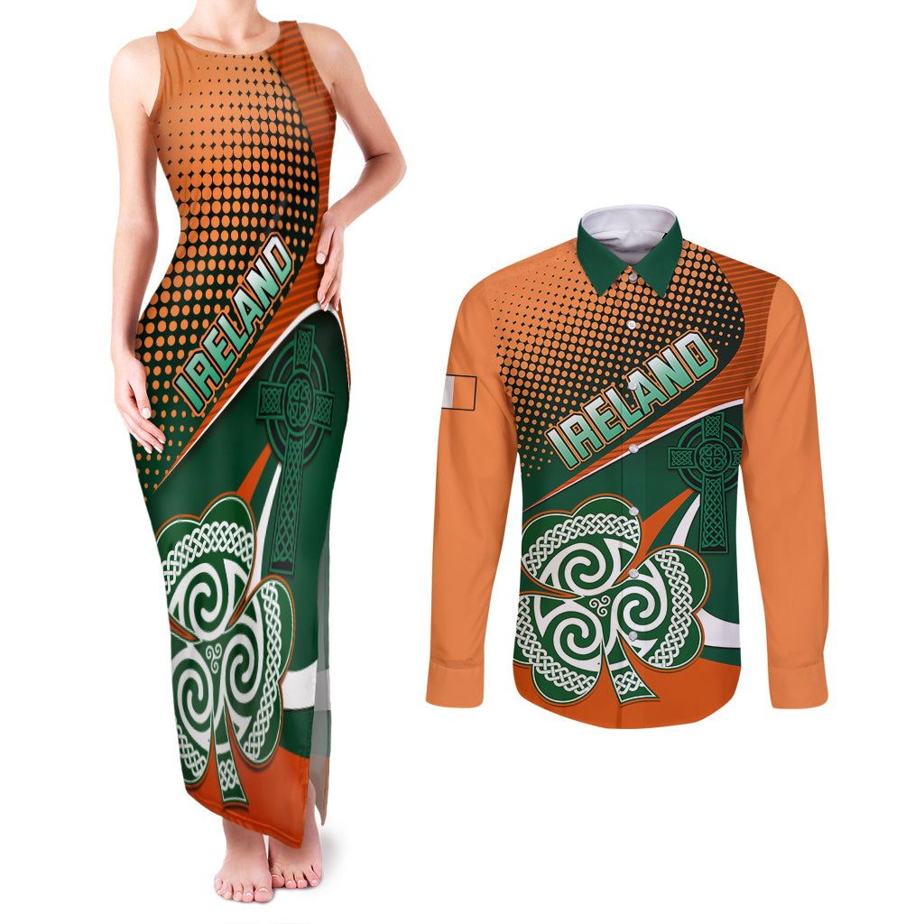 Ireland Rugby Couples Matching Tank Maxi Dress and Long Sleeve Button Shirts Irish Shamrock Go 2023 World Cup - Wonder Print Shop