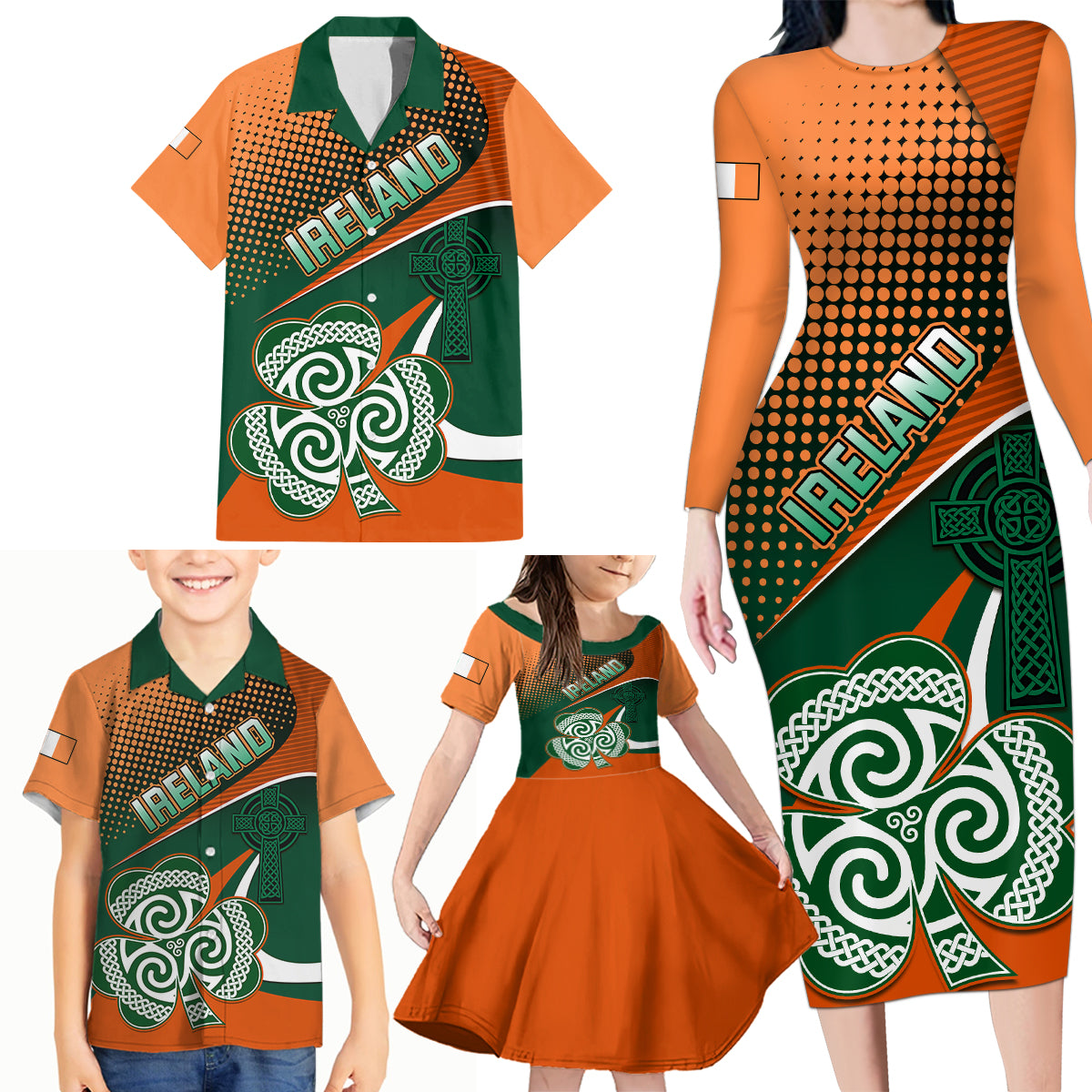 Ireland Rugby Family Matching Long Sleeve Bodycon Dress and Hawaiian Shirt Irish Shamrock Go 2023 World Cup - Wonder Print Shop