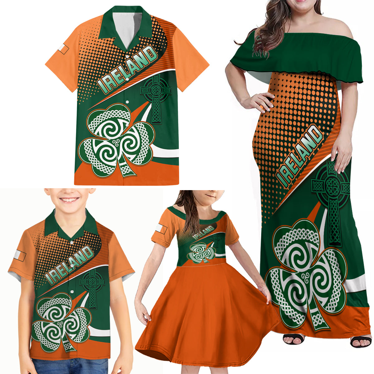 Ireland Rugby Family Matching Off Shoulder Maxi Dress and Hawaiian Shirt Irish Shamrock Go 2023 World Cup - Wonder Print Shop