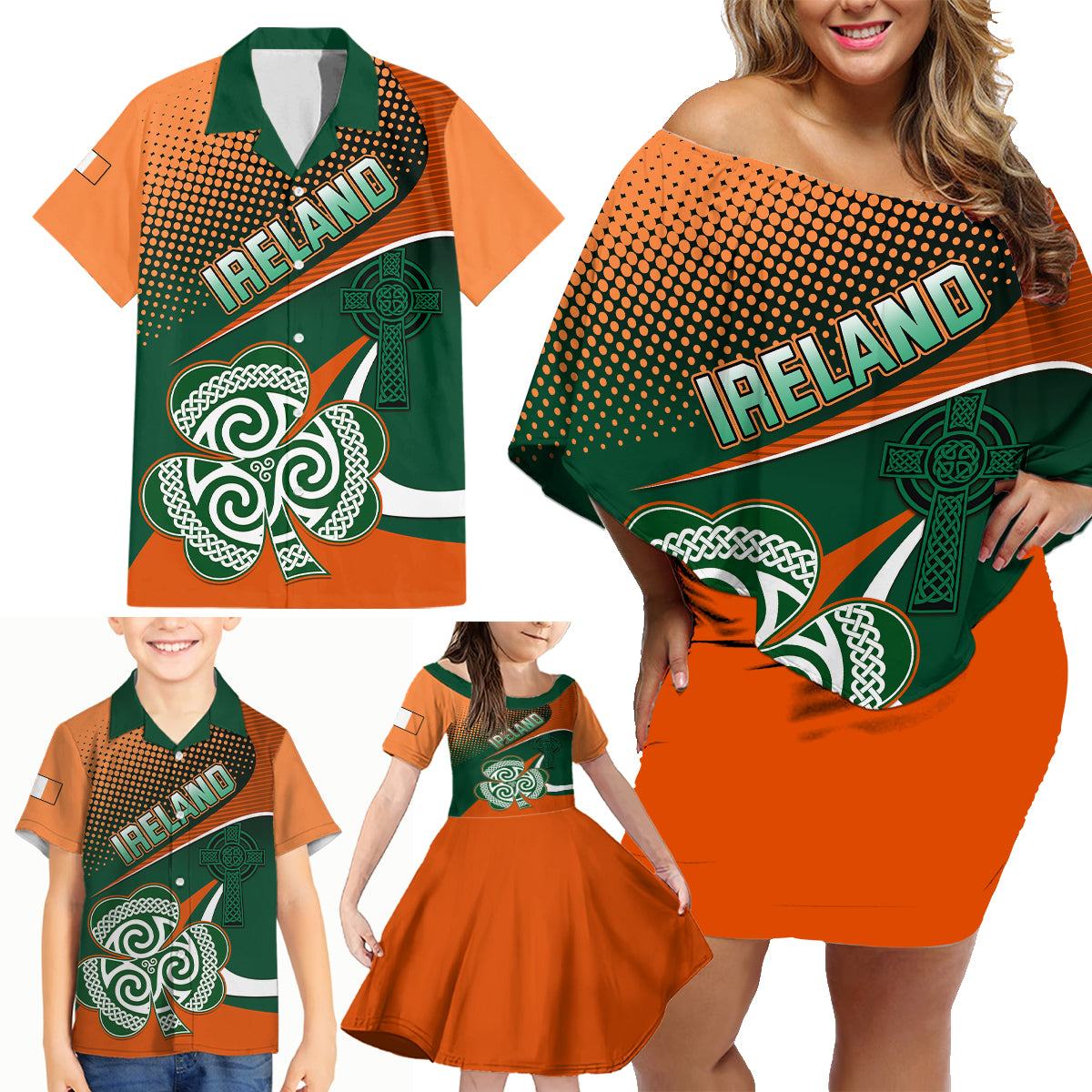 Ireland Rugby Family Matching Off Shoulder Short Dress and Hawaiian Shirt Irish Shamrock Go 2023 World Cup - Wonder Print Shop