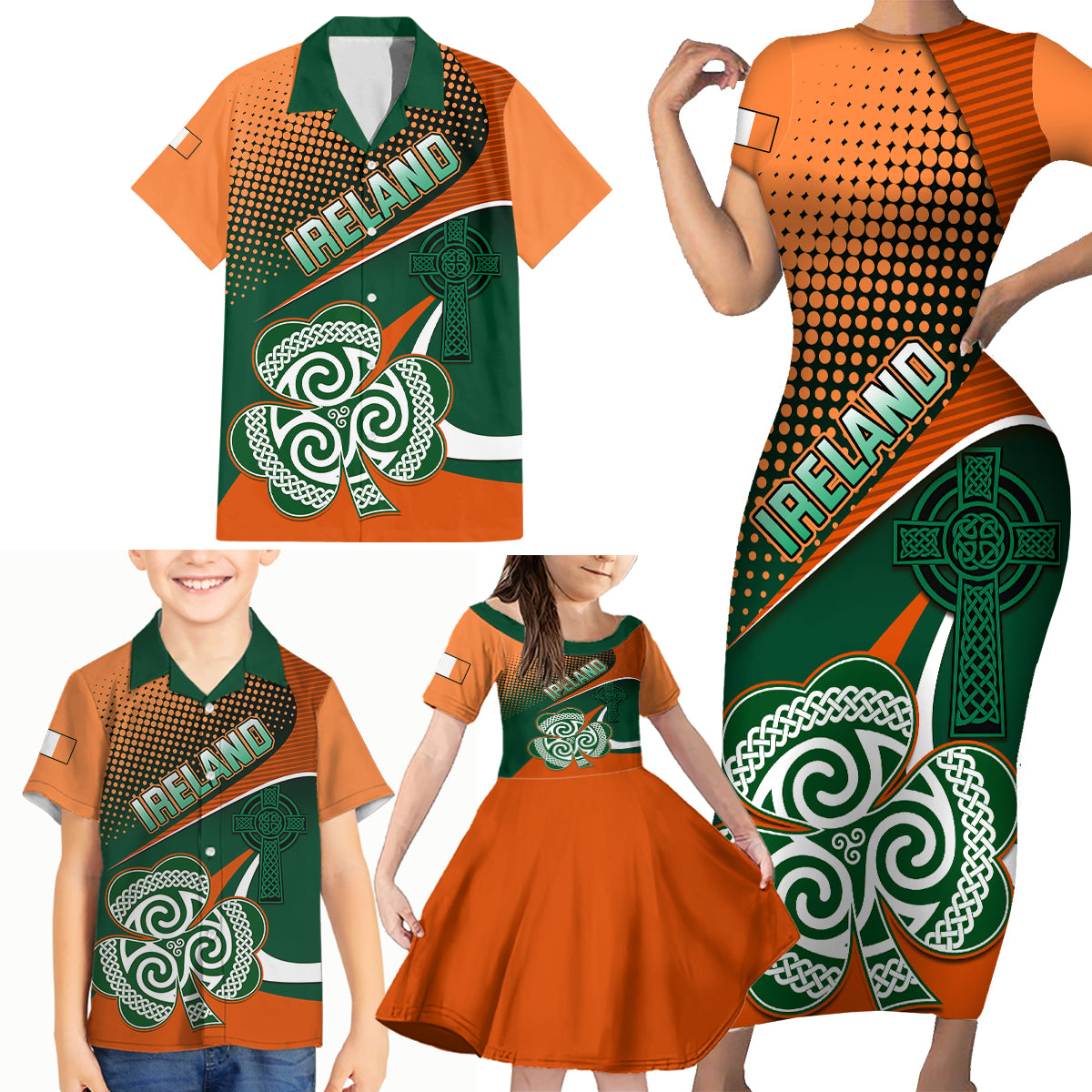 Ireland Rugby Family Matching Short Sleeve Bodycon Dress and Hawaiian Shirt Irish Shamrock Go 2023 World Cup - Wonder Print Shop