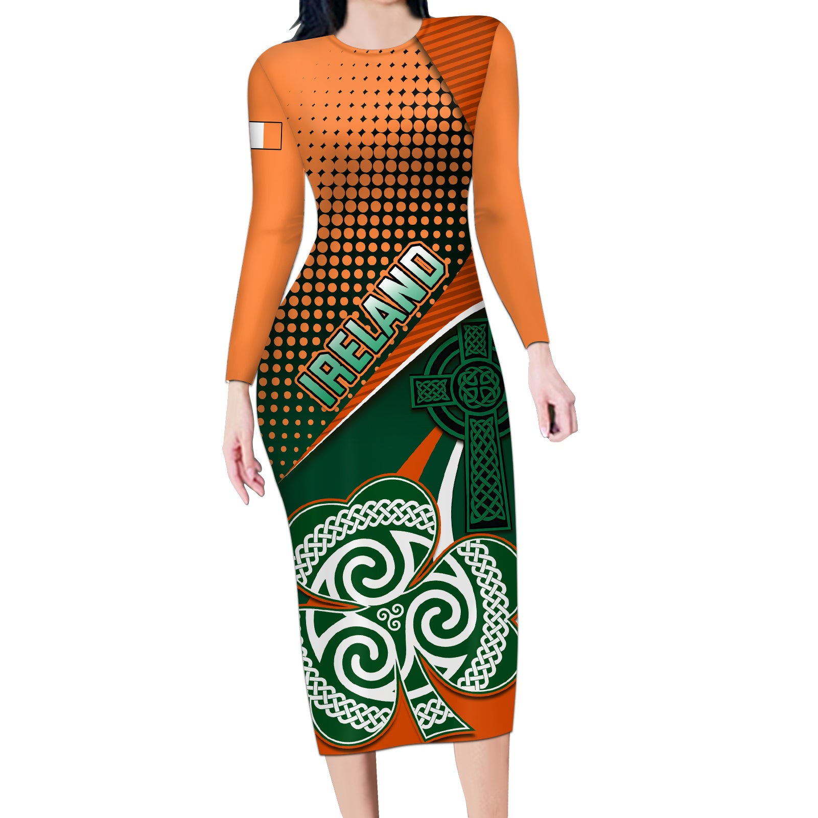 Ireland Rugby Long Sleeve Bodycon Dress Irish Shamrock Go 2023 World Cup - Wonder Print Shop