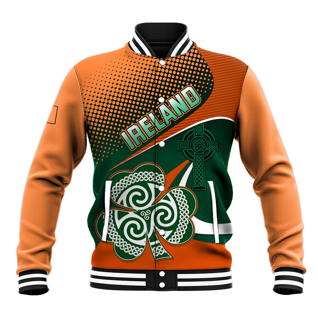 Orange and green baseball varsity jacket with striped ribbed collar, Ireland graphic and shamrock