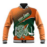 Orange and green baseball varsity jacket with striped ribbed collar, Ireland graphic and shamrock