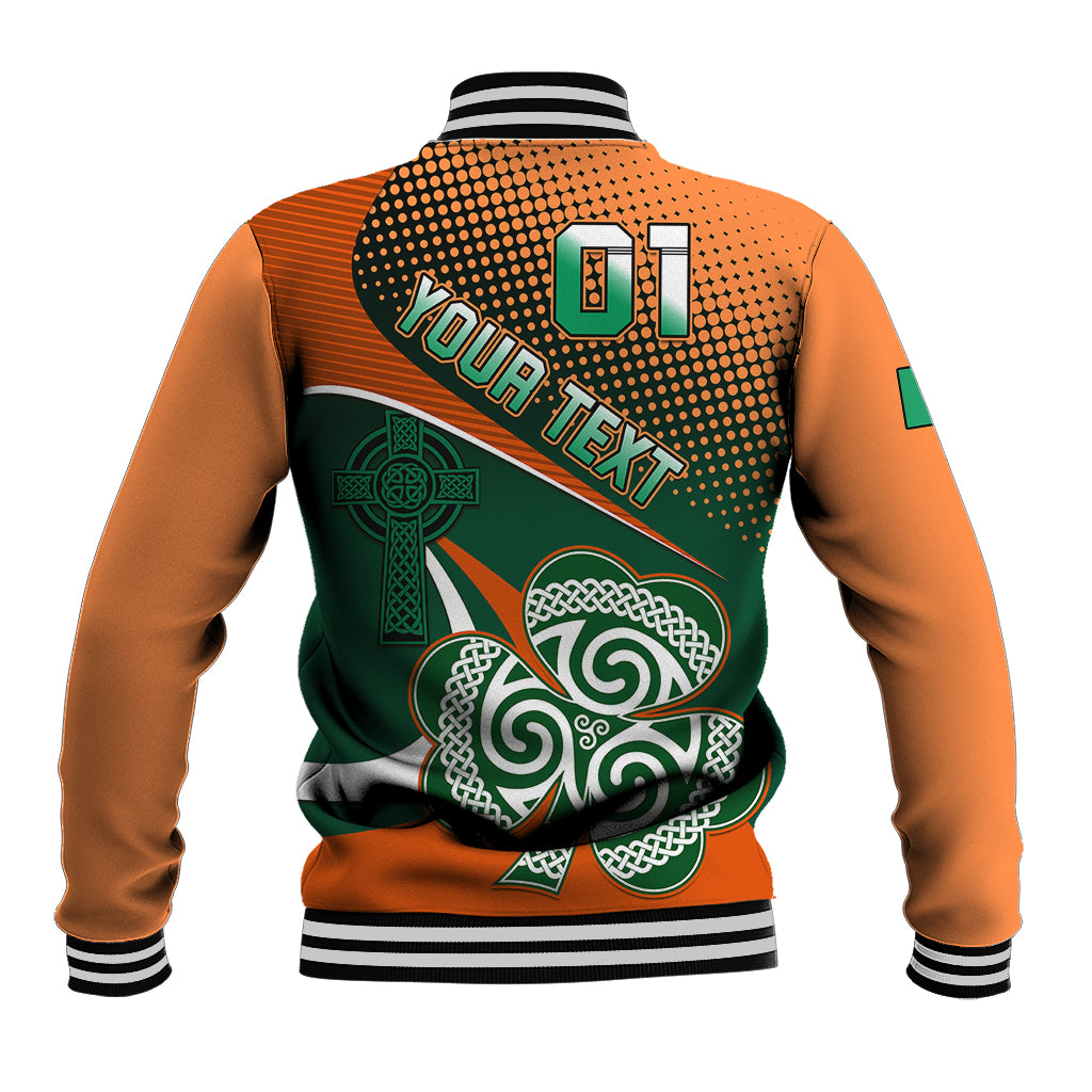 Back of orange and green baseball jacket with striped collar, 'Your Text', and 01 print