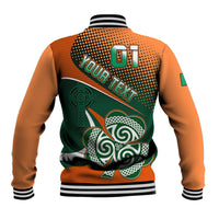 Back of orange and green baseball jacket with striped collar, 'Your Text', and 01 print