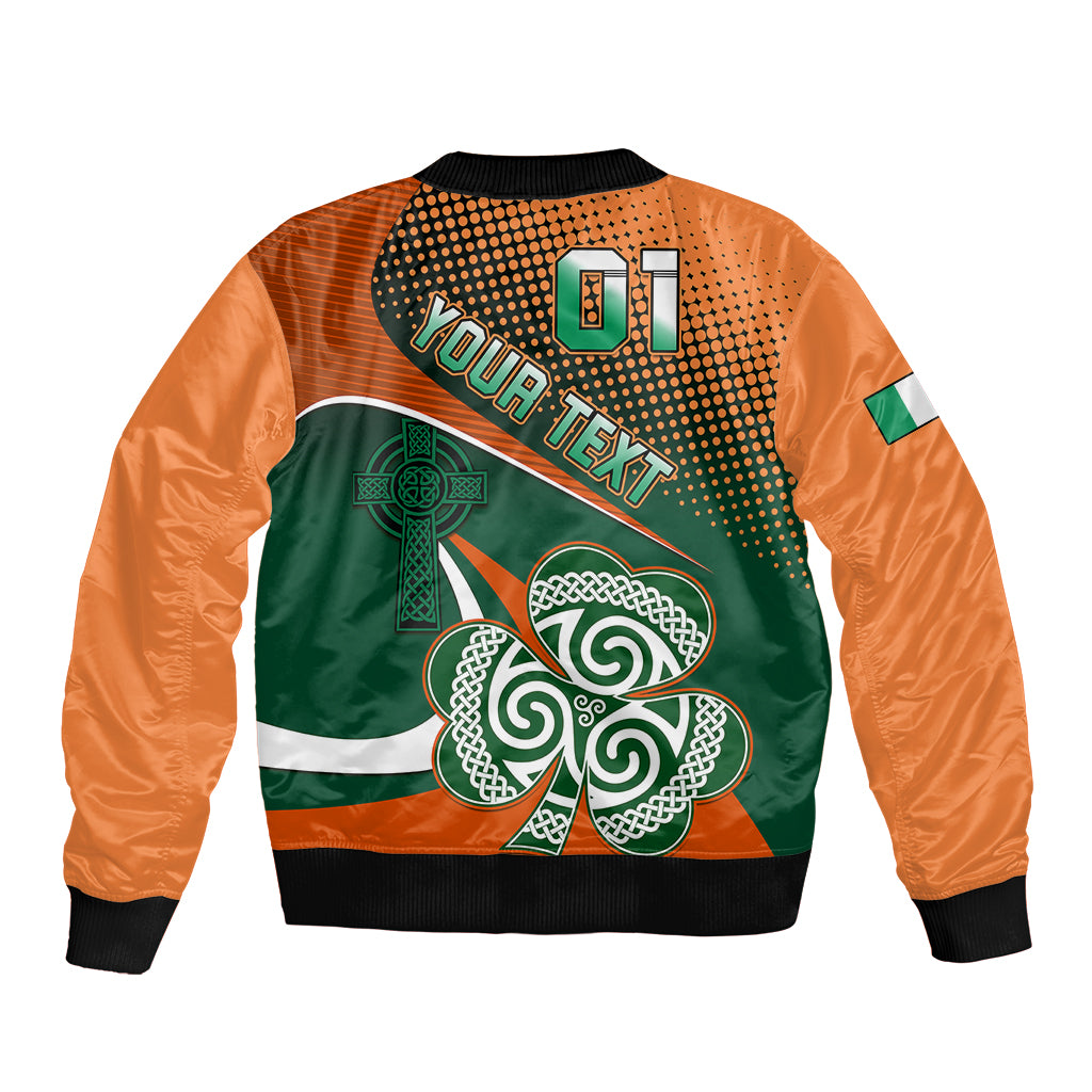 Unisex bomber jacket back with green shamrock, Your Text, number 01, orange sleeves