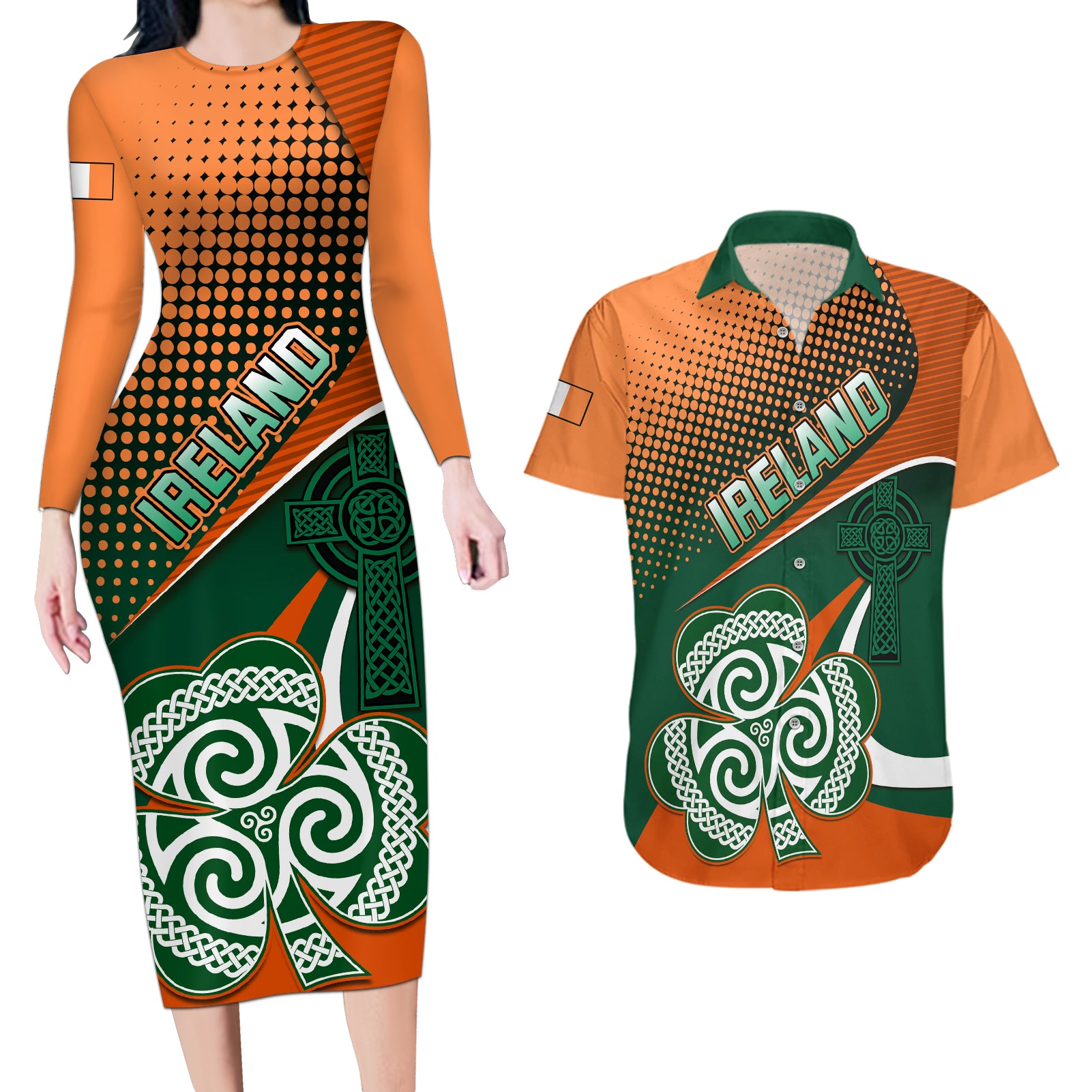 Custom Ireland Rugby Couples Matching Long Sleeve Bodycon Dress and Hawaiian Shirt Irish Shamrock Go 2023 World Cup - Wonder Print Shop