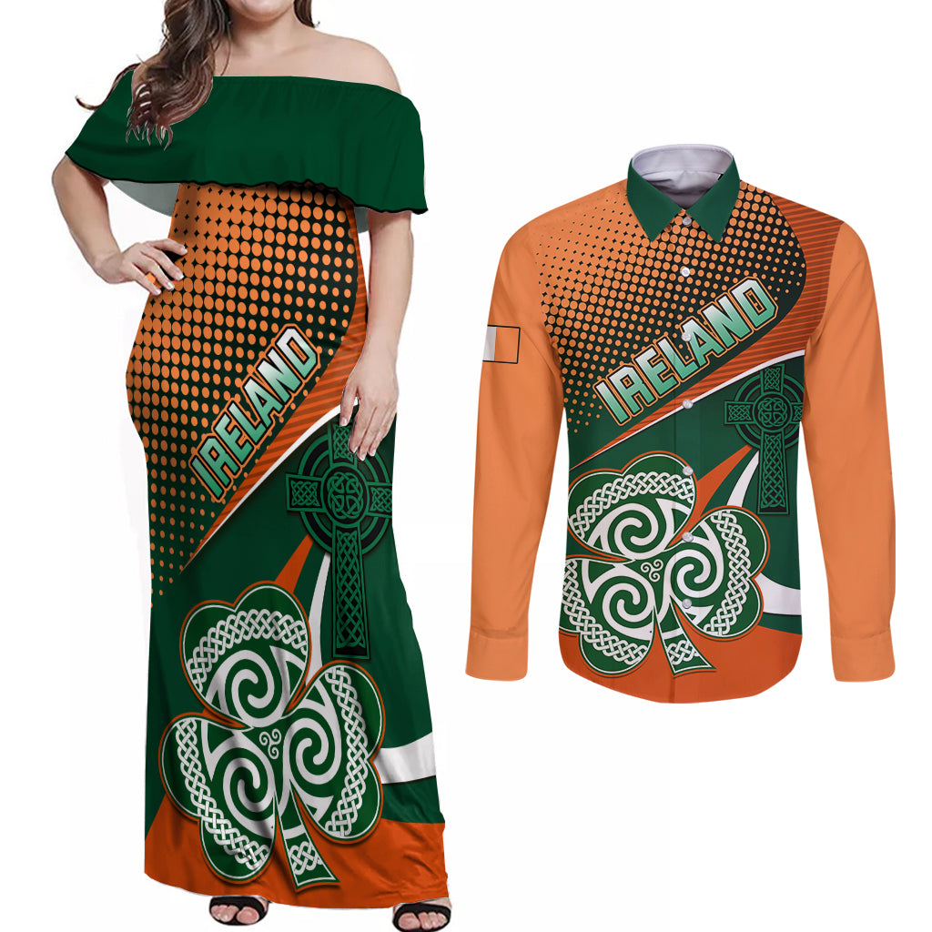 Custom Ireland Rugby Couples Matching Off Shoulder Maxi Dress and Long Sleeve Button Shirts Irish Shamrock Go 2023 World Cup - Wonder Print Shop