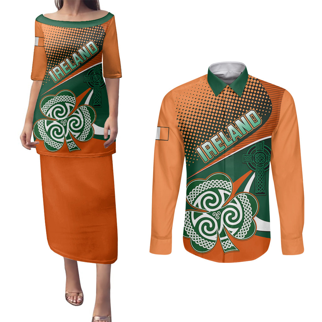 Custom Ireland Rugby Couples Matching Puletasi Dress and Long Sleeve Button Shirts Irish Shamrock Go 2023 World Cup - Wonder Print Shop