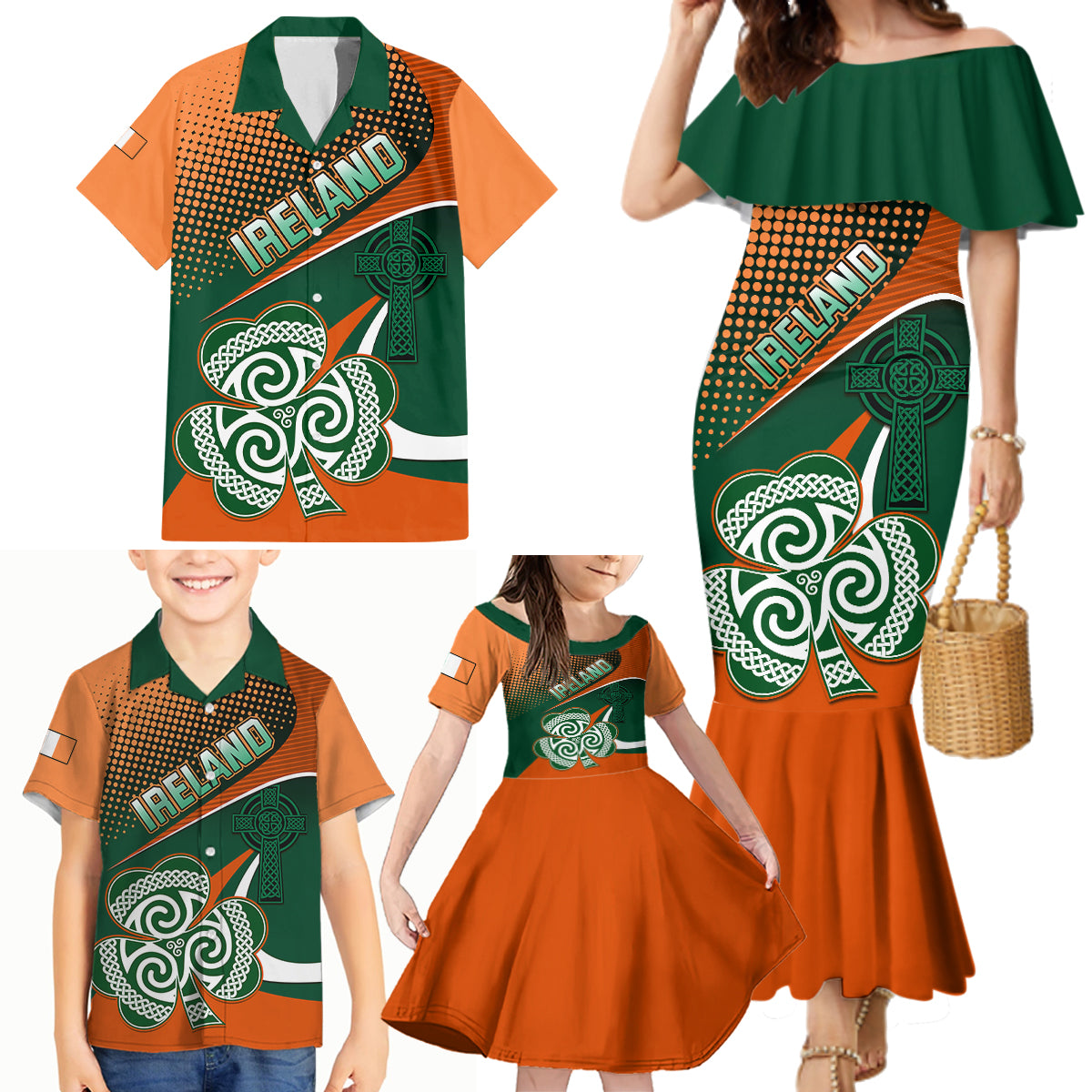 Custom Ireland Rugby Family Matching Mermaid Dress and Hawaiian Shirt Irish Shamrock Go 2023 World Cup - Wonder Print Shop