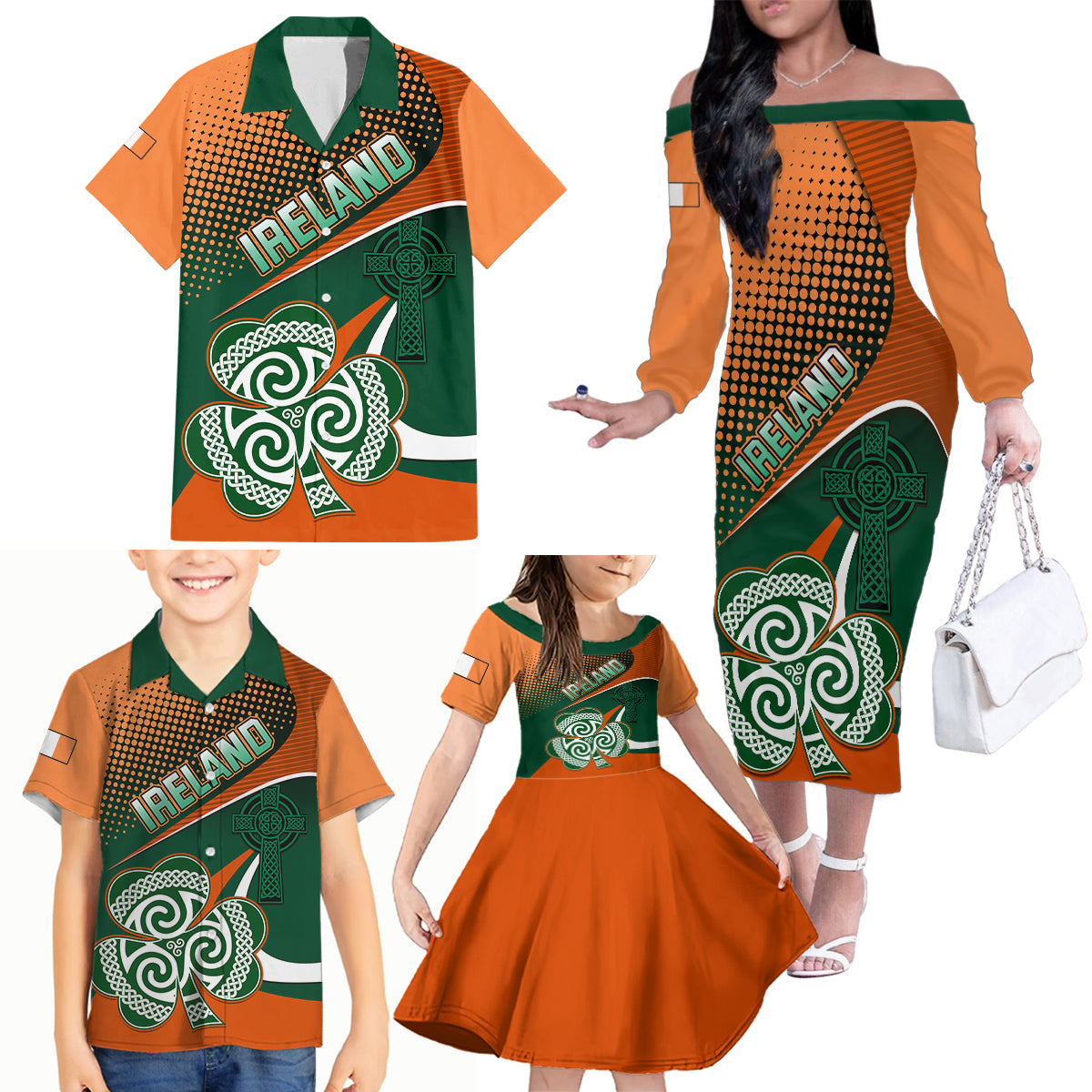 Custom Ireland Rugby Family Matching Off Shoulder Long Sleeve Dress and Hawaiian Shirt Irish Shamrock Go 2023 World Cup - Wonder Print Shop