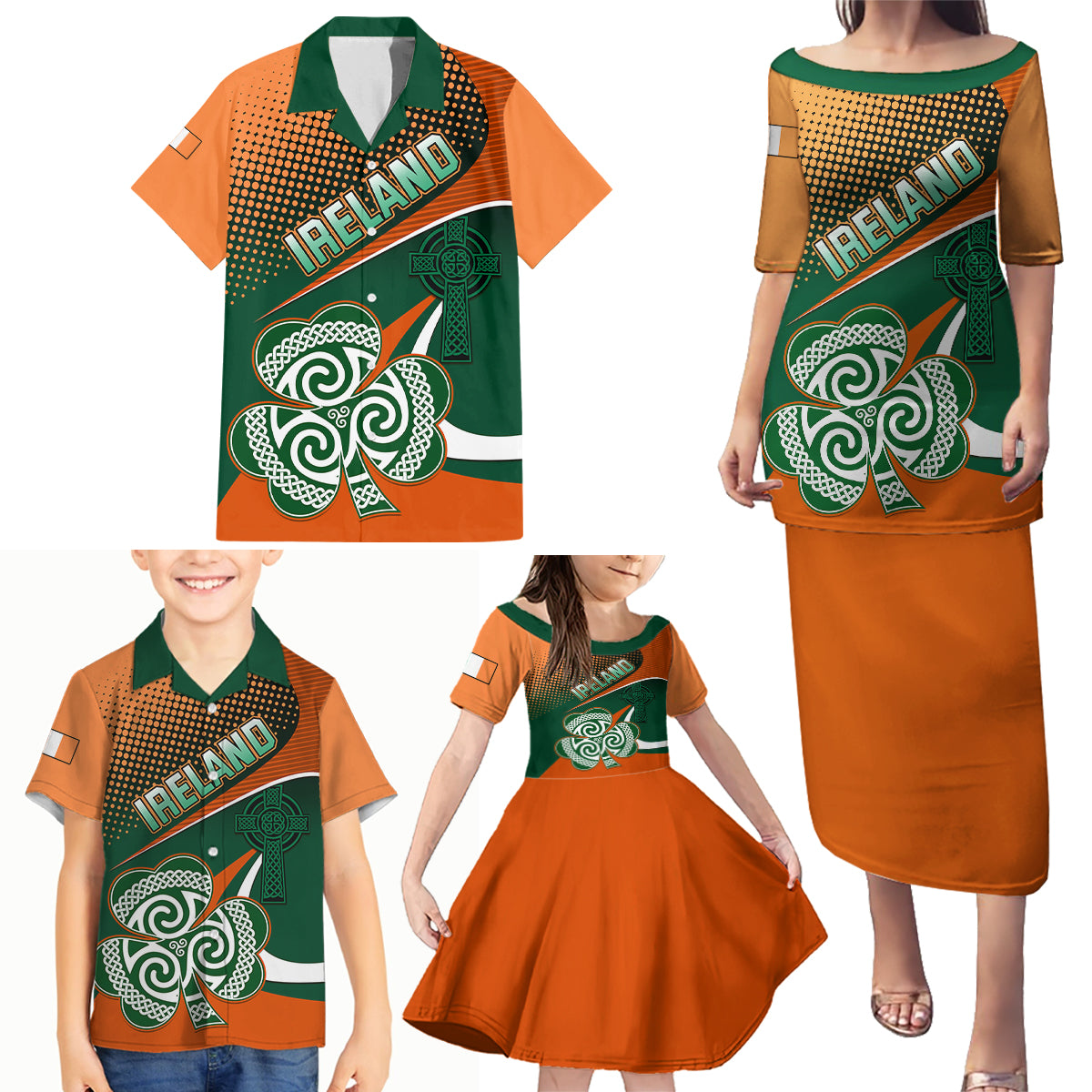 Custom Ireland Rugby Family Matching Puletasi Dress and Hawaiian Shirt Irish Shamrock Go 2023 World Cup - Wonder Print Shop