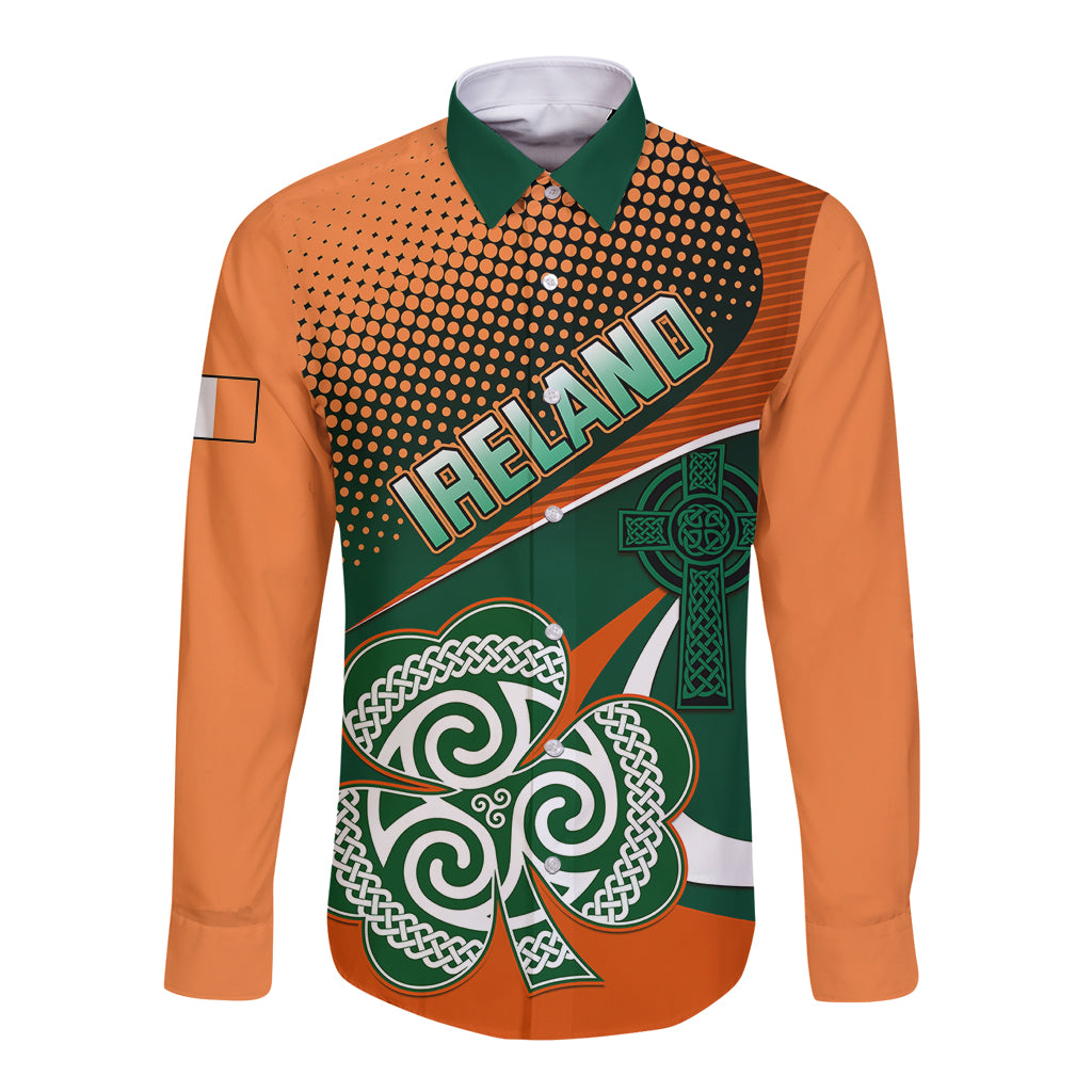Rugby button shirt with orange sleeves, green collar, Ireland logo and shamrock graphic
