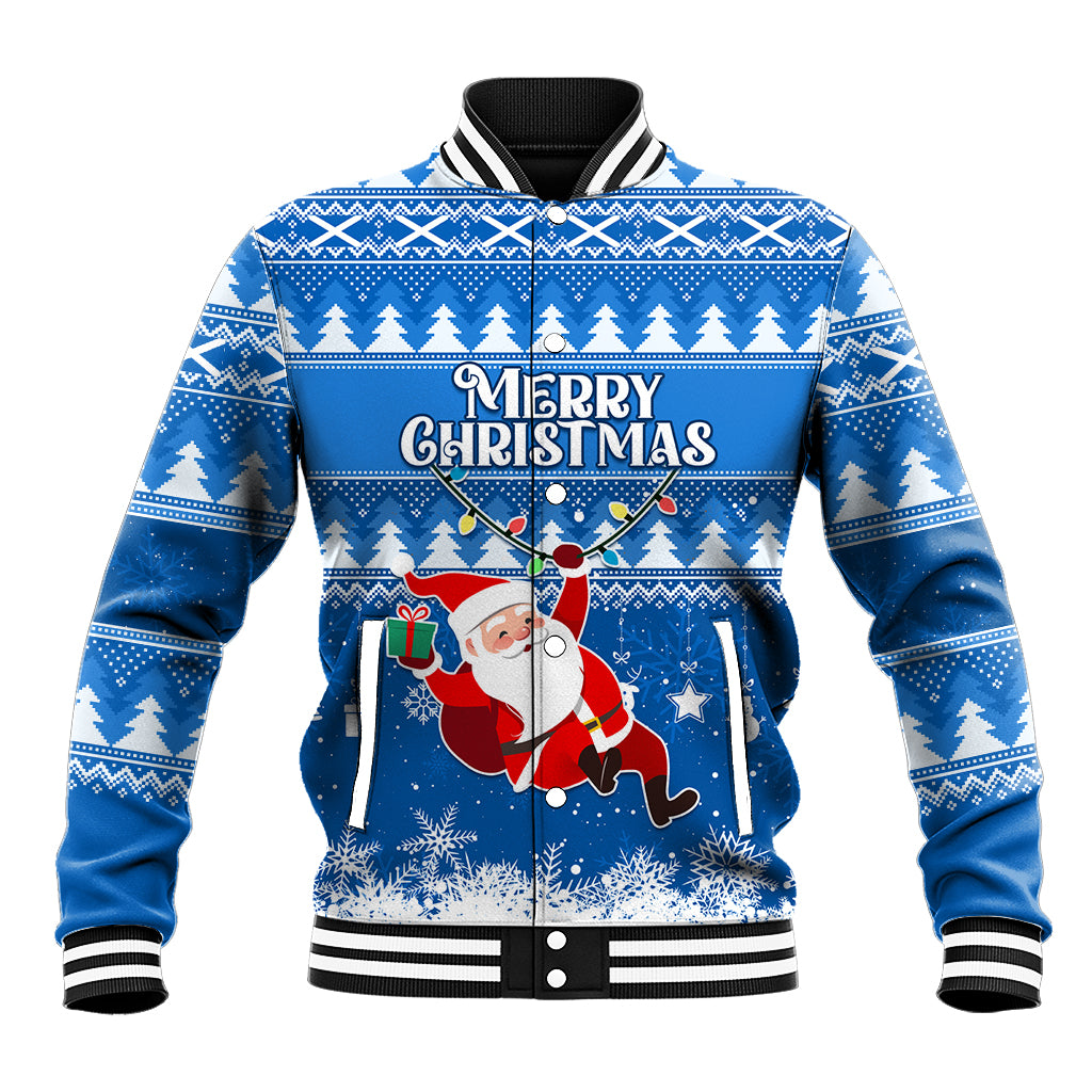 Blue baseball jacket with Santa "Merry Christmas" graphic, ribbed collar and cuffs.