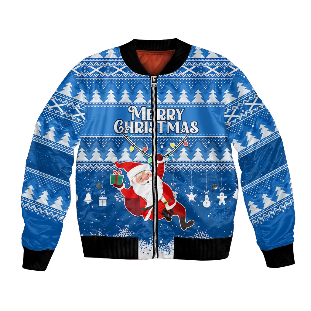Blue Christmas bomber jacket with Santa print, zip front, ribbed collar and cuffs
