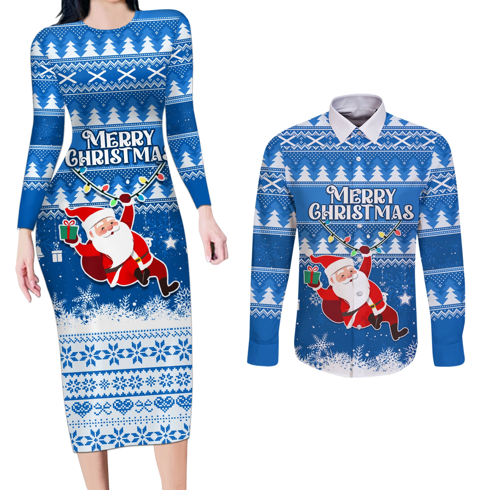 Custom Scotland Christmas Couples Matching Long Sleeve Bodycon Dress and Long Sleeve Button Shirt Merry Christmas Santa Claus Gift - Wonder Print Shop