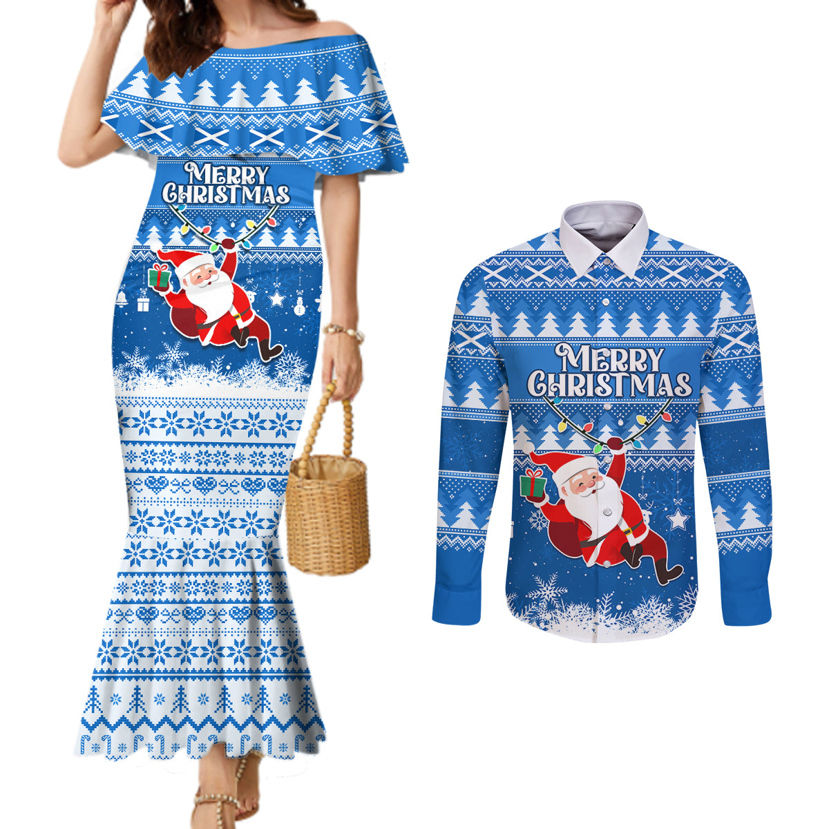 custom-scotland-christmas-couples-matching-mermaid-dress-and-long-sleeve-button-shirt-merry-christmas-santa-claus-gift