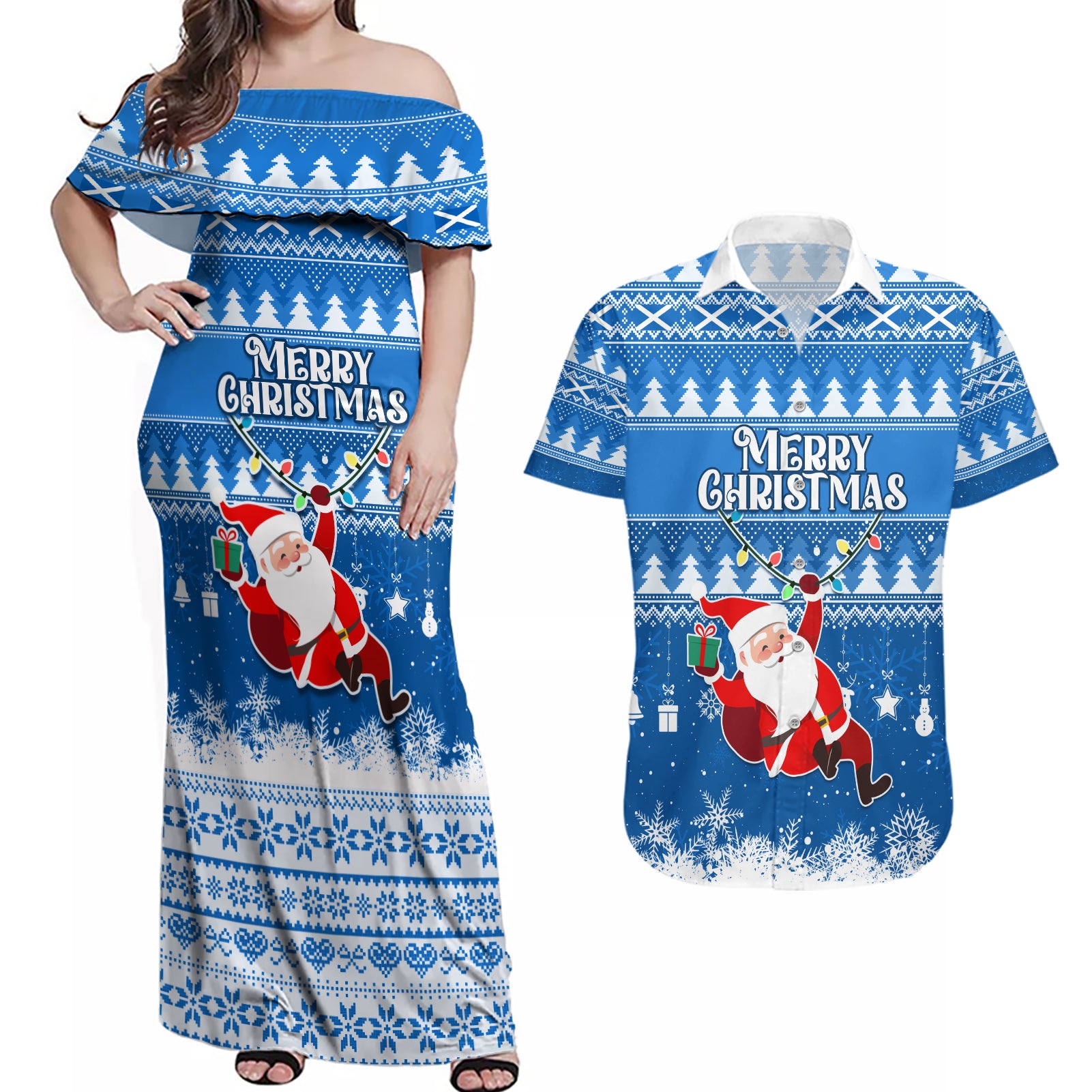 Custom Scotland Christmas Couples Matching Off Shoulder Maxi Dress and Hawaiian Shirt Merry Christmas Santa Claus Gift - Wonder Print Shop