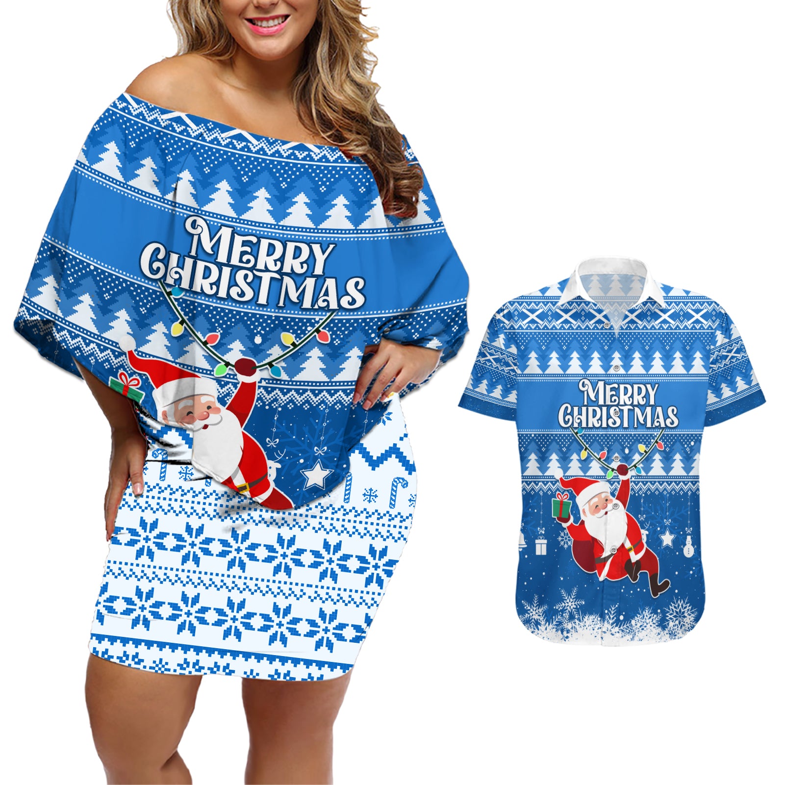 Custom Scotland Christmas Couples Matching Off Shoulder Short Dress and Hawaiian Shirt Merry Christmas Santa Claus Gift - Wonder Print Shop